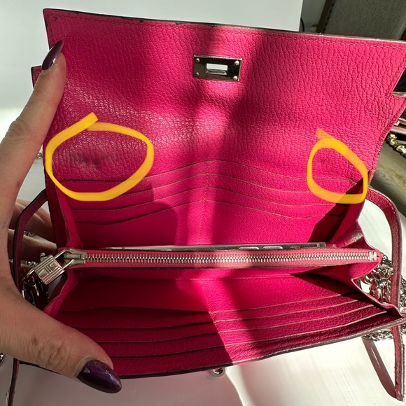 💯 HERMES Fuschia Pink Kelly Classic Long Wallet Chevre Leather Wallet on Chain - Picture 8 of 15
